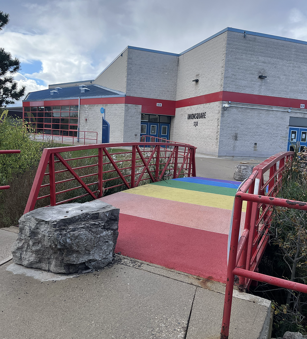 Sheridan College, bridge with rainbow color near SSU