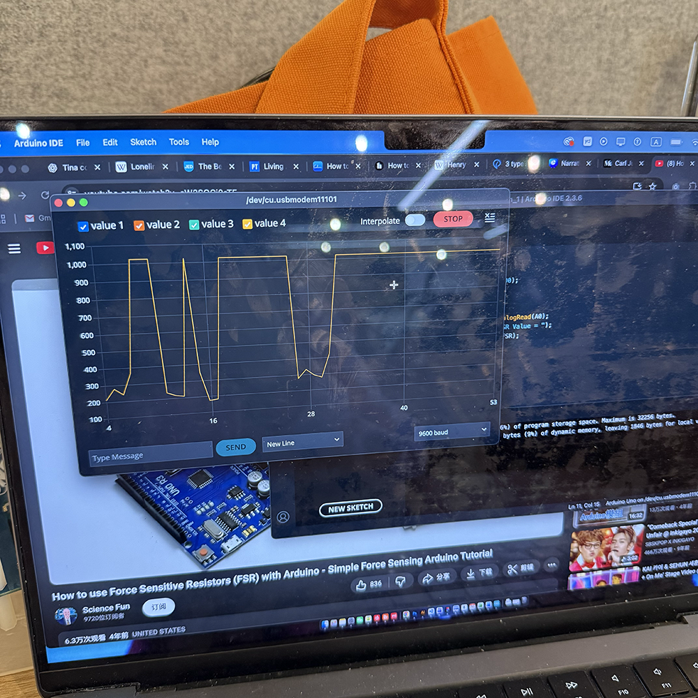 For this chart, it shows the real time data for force sensor when we put pressure on it, the data goes high up to 1023, which means no one is giving pressure to the sensor. As contrast, it shows pressure data low when someone press the sensor with their force.