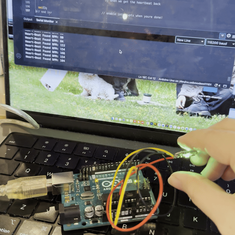 Showing through GIF to demonstrate how the pulse sensor will show the real time data when we hold the sensor with our hands.