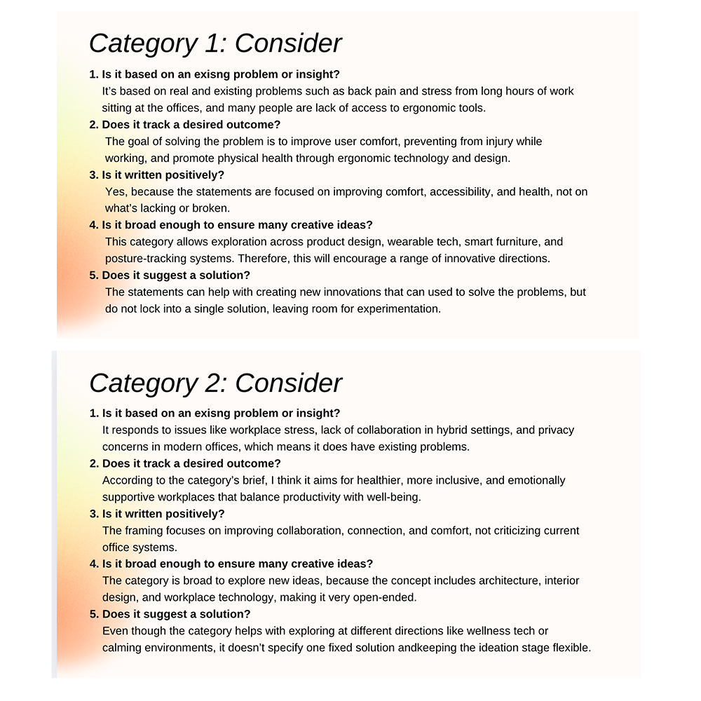 I also wrote some considerations about each category and thought about whether if the category is easy to make new projects or not.