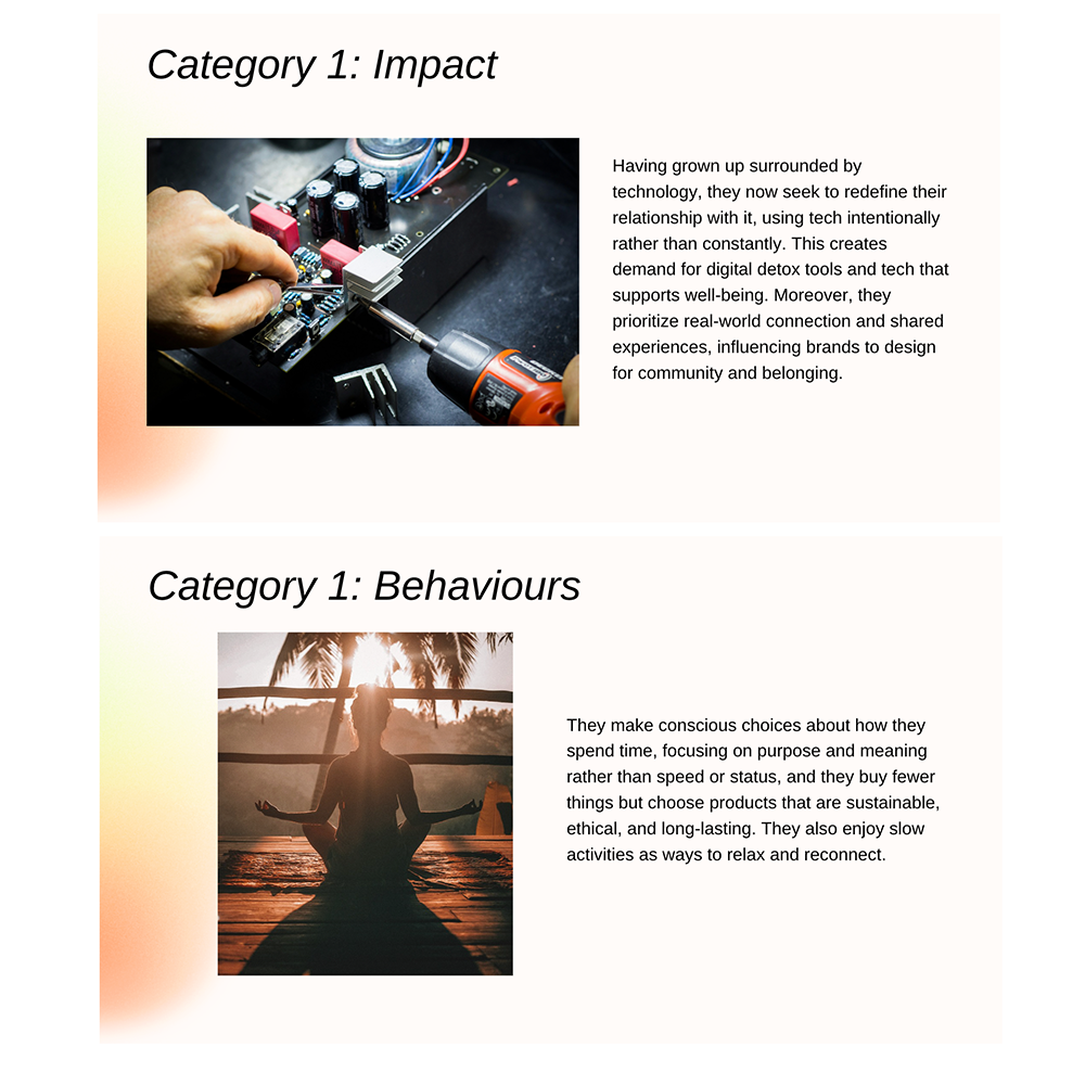 Here is conventionalists' impact and behaviours. Impact is about having grown up surrounded by technology, and behaviour is about making conscious choices about how they spend time.